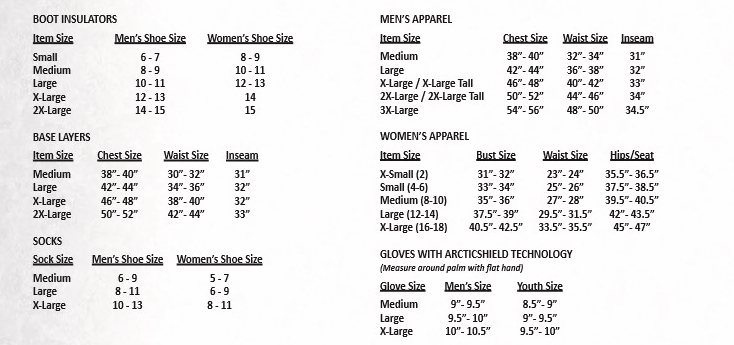 Arctic Shield Boot Insulator Size Chart